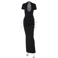 Verão 2026 Novo Vestido Feminino Sexy Deep V, Manga Curta em V Profundo, Cor Sólida, Estilo Rapariga Atraente, Vestido Comprido Plissado de uma só peça dropshipping