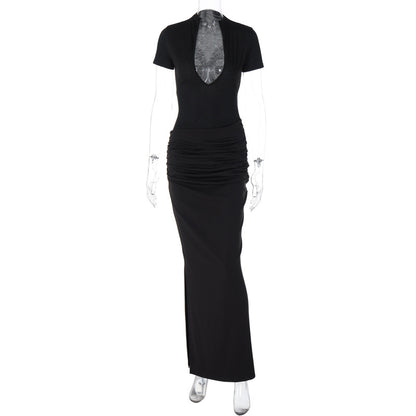 Verão 2026 Novo Vestido Feminino Sexy Deep V, Manga Curta em V Profundo, Cor Sólida, Estilo Rapariga Atraente, Vestido Comprido Plissado de uma só peça dropshipping