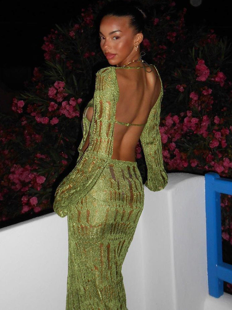 Vestido de verão mais vendido na Europa e nos EUA, novo, sexy, sem costas, oco, transparente, manga comprida, slim-fit, elegante e comprido de lã para mulheres