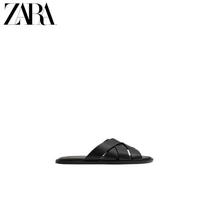ZARA Coleção Verão 2026 - Sapatos Masculinos: Sandálias Rasteiras de Couro com Tiras na Cor Combinando (2750820 800)