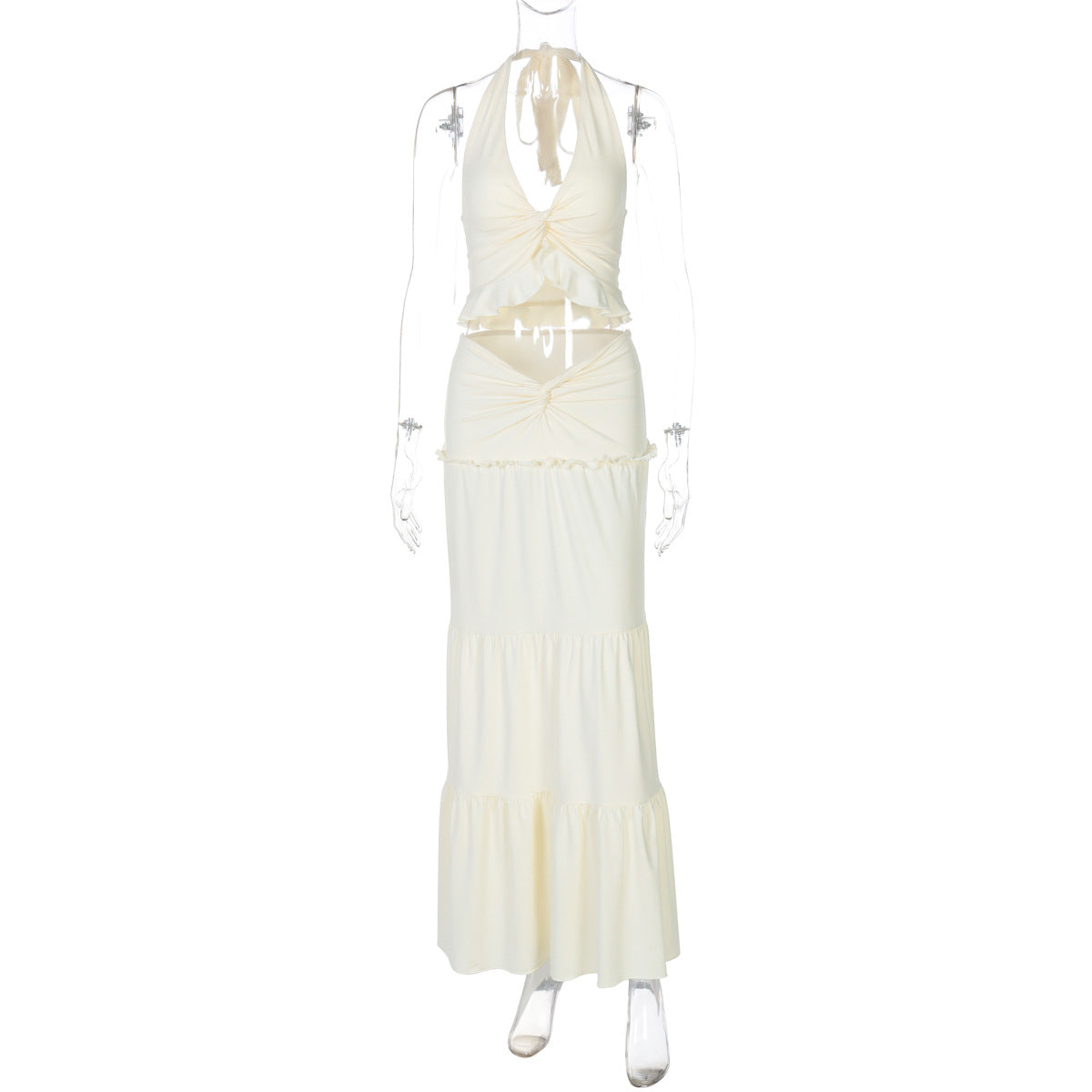 Moda feminina europeia e americana, novo conjunto sexy de vestidos longos com decote em V com borda com folhos e alças longas torcidas para mulheres