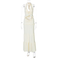 Moda feminina europeia e americana, novo conjunto sexy de vestidos longos com decote em V com borda com folhos e alças longas torcidas para mulheres