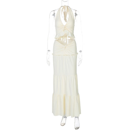 Moda feminina europeia e americana, novo conjunto sexy de vestidos longos com decote em V com borda com folhos e alças longas torcidas para mulheres