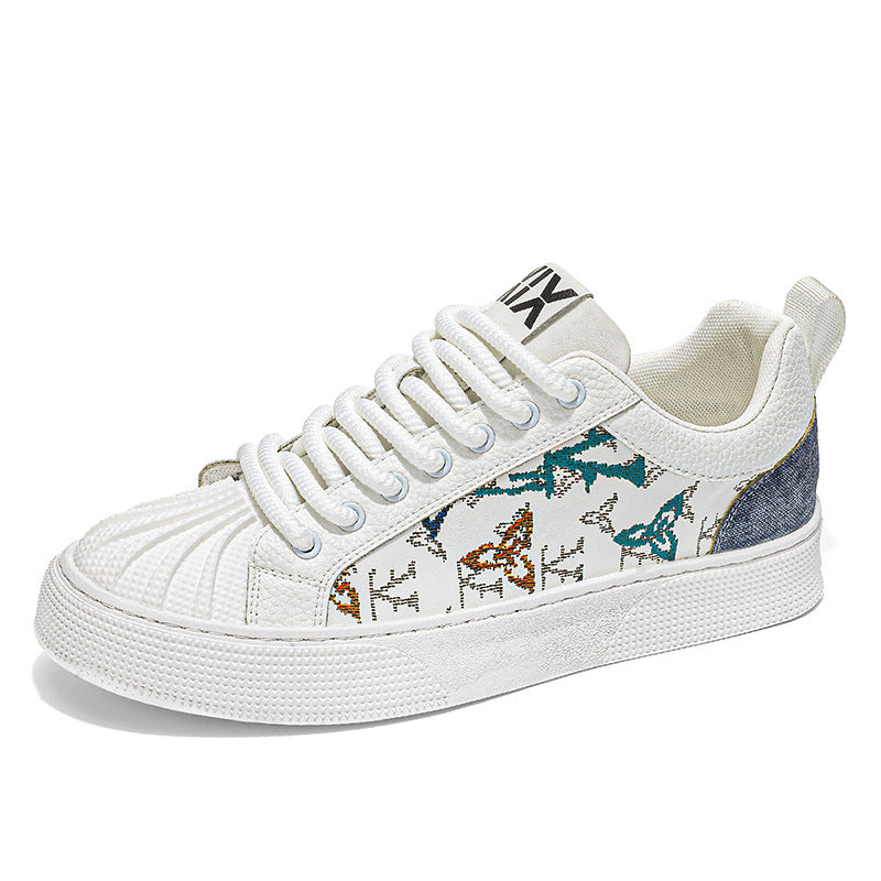 Sapatos masculinos com bico em forma de concha, ténis planos versáteis para estudantes casuais de outono, sapatos desportivos de marca alta, de topo de gama, brancos de sola grossa e na moda