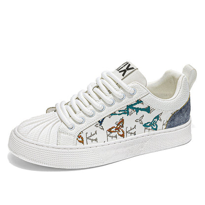 Sapatos masculinos com bico em forma de concha, ténis planos versáteis para estudantes casuais de outono, sapatos desportivos de marca alta, de topo de gama, brancos de sola grossa e na moda