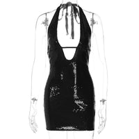 Bestseller feminino europeu e americano: estilo rapariga atraente, V profundo com costas vazias, estilo clube nu, estilo halter hug, bodycon vestido escuro para mulheres