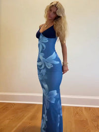 Vestido feminino feminino estampado, sexy, com decote em V, com decote em V, e bestseller na moda europeia e americana, com decote em V, longo, slim slip