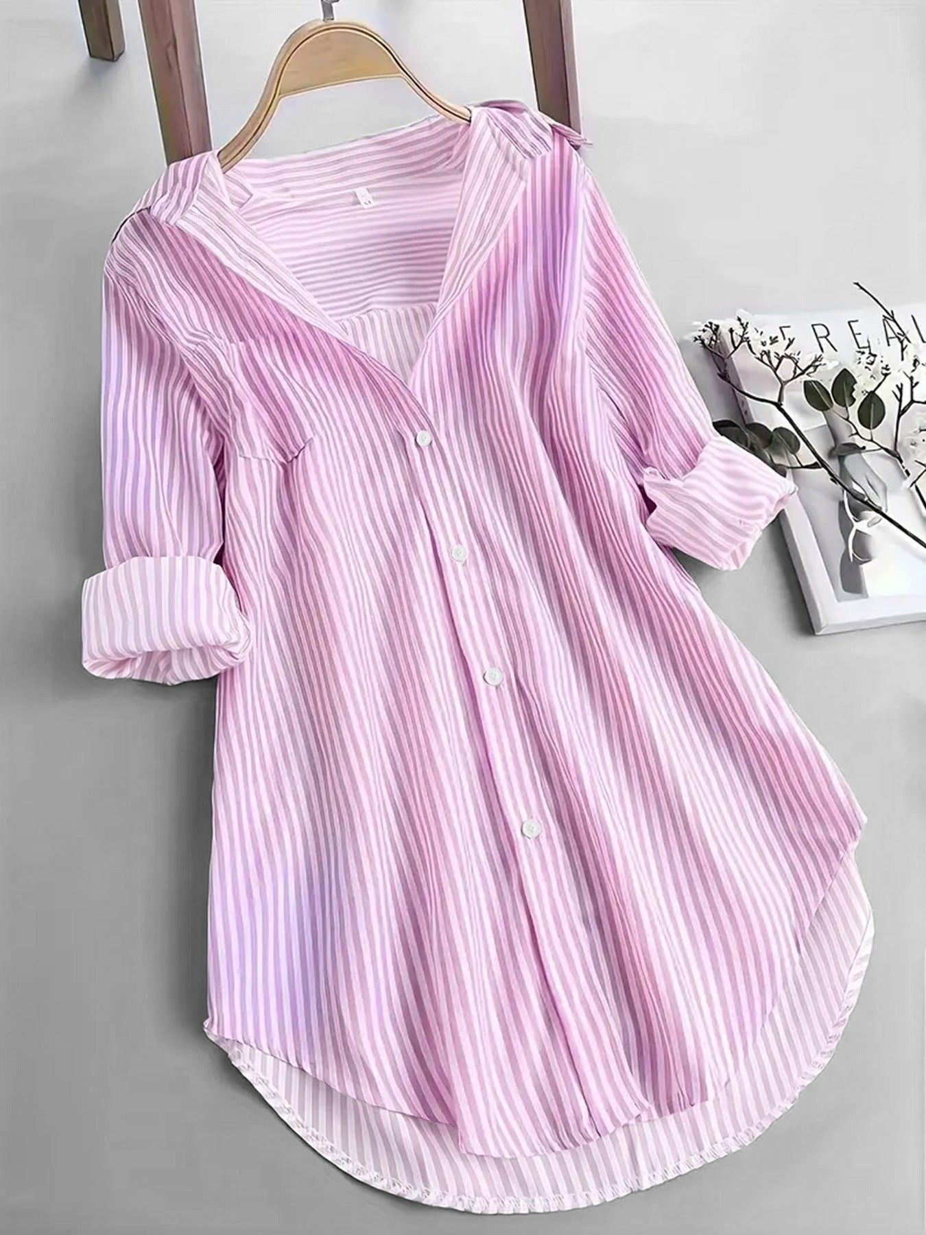 Nova exportação da Amazon, roupa feminina europeia e americana, camisa clássica às riscas, camisa casual larga de manga comprida com riscas