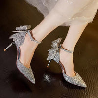 Primavera/Outono 2025 Novos Laços de Salto Alto de Diamante de Prata em Cristal para Mulher, Sapatos de Casamento Francês de Stiletto de Alta Qualidade para As Damas de Honor