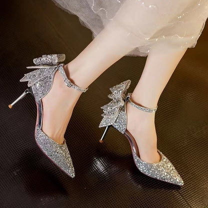 Primavera/Outono 2025 Novos Laços de Salto Alto de Diamante de Prata em Cristal para Mulher, Sapatos de Casamento Francês de Stiletto de Alta Qualidade para As Damas de Honor