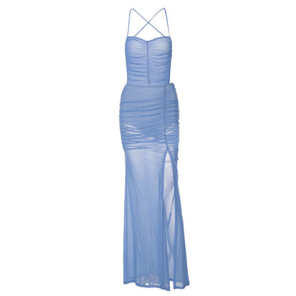 Europa & América 2026 Verão 2026 Vestido Feminino Quente de Alças Finas Cor Lisa Com Fendas Sem Costas na Amazon Dropshipping Comércio Exterior Grossista