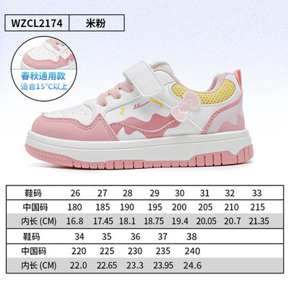 Sapatos infantis Warrior color-block, sapatos infantis com graffiti color-block, novos sapatos na moda e versáteis de sola grossa na primavera, ténis desportivos femininos com superfície de couro e respiráveis