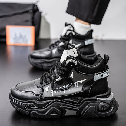 Sapatos masculinos de cano alto 2025 nova marca de outono na moda, ténis desportivos casuais versáteis, ténis brancos de pai com sola grossa e aumento de altura
