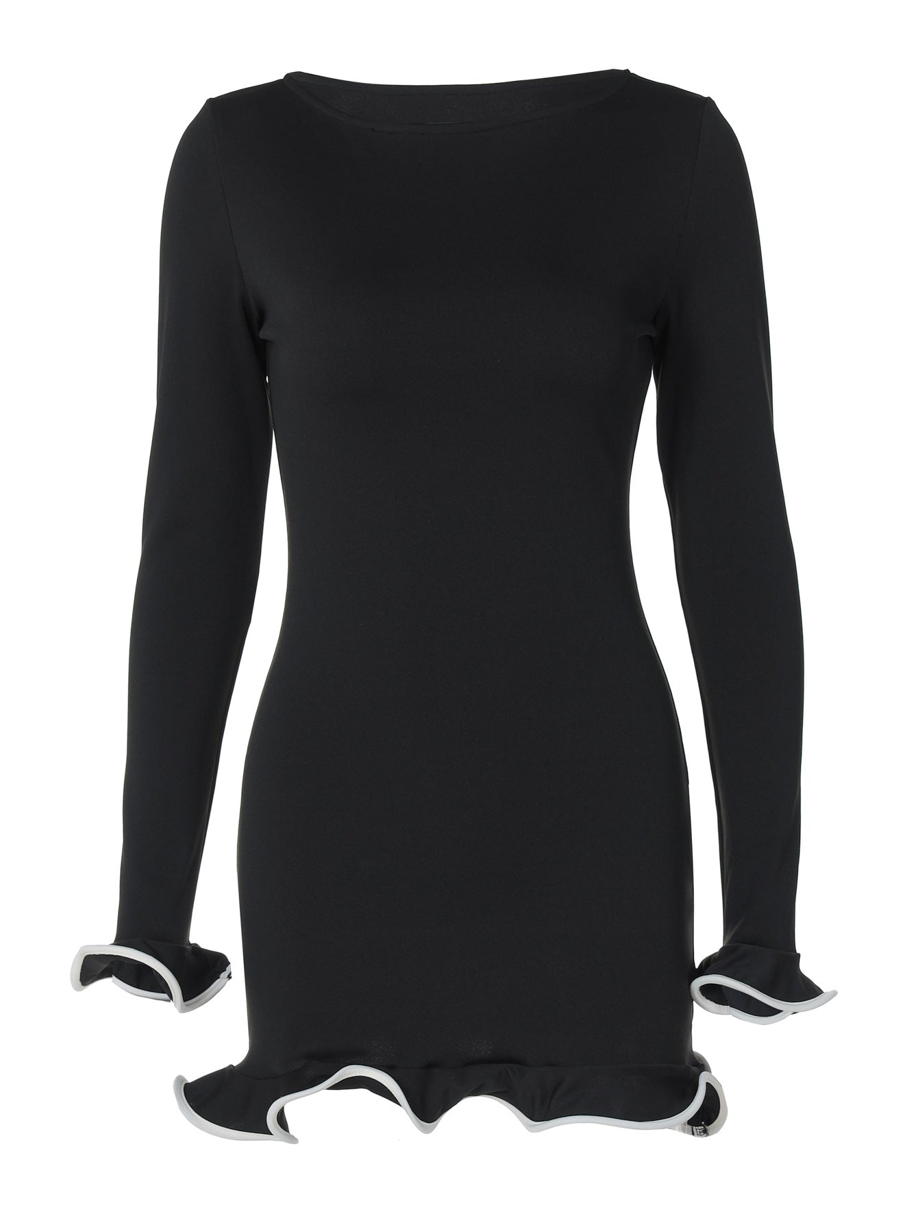 Saia curta justa e sexy, vestido com folhos, vestido de malha com borda enrolada, vestido feminino de verão de manga longa de cor sólida para exportação europeu e americano