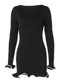 Saia curta justa e sexy, vestido com folhos, vestido de malha com borda enrolada, vestido feminino de verão de manga longa de cor sólida para exportação europeu e americano