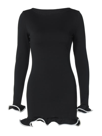 Saia curta justa e sexy, vestido com folhos, vestido de malha com borda enrolada, vestido feminino de verão de manga longa de cor sólida para exportação europeu e americano