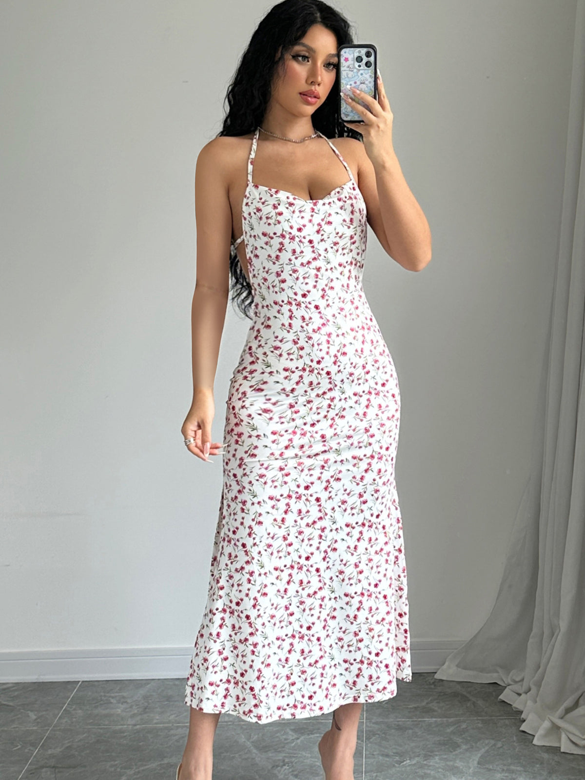 Vestido de comprimento médio, sem abertura de mangas mais vendido na Amazon transfronteiriço novo, doce e floral, sexy e doce e sexy