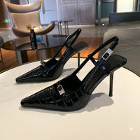 Novas sandálias de salto alto com bico pontiagudo e padrão europeu e americano para mulheres, salto agulha, sapatos elegantes de costas sem costas fechadas, estilo europeu e americano