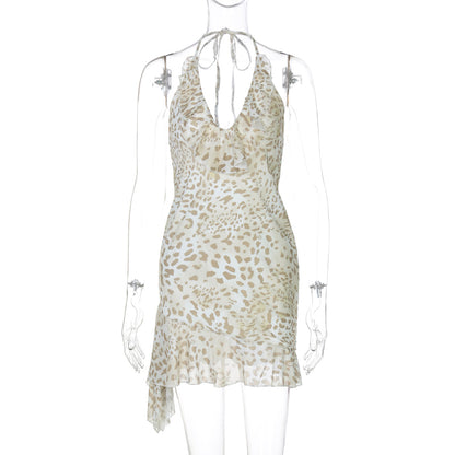 2026 Summer Hot Girl European and American Fashion Leopard Sexy Deep V, Vestido Orelha Ajustada com Folhos e Decote Halter, para Mulheres