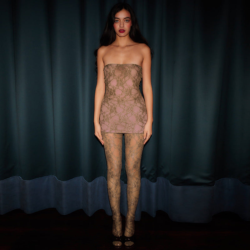 Vestido de renda de renda estilo irmã real sexy das mulheres europeias e americanas com meias definidas em nome do cabelo