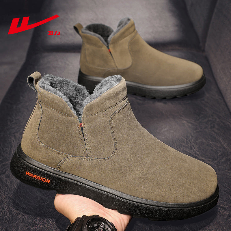 Botas de neve quentes forradas a lã guerreira, sapatos de algodão de inverno simples e de sola espessa, elegantes e versáteis para viagens ao ar livre