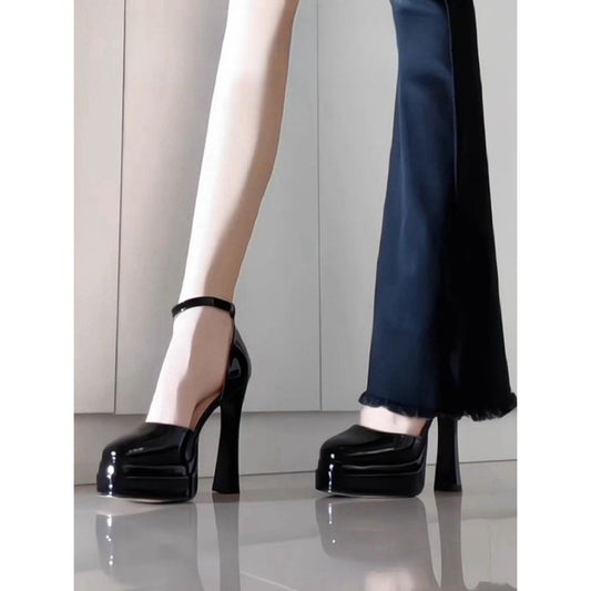 Novos Mary Jane Ultra Salto Alto 2025 Sapatos de Casamento Pretos Elegantes Plataforma Impermeável Barbie Saltos Robustos Petite CM