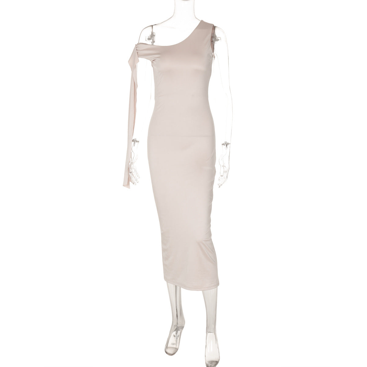 Amazon Fashion Vestido Novo Conjunto Feminino de Cor Sólida, Sexy de Tiras de Retalhos, Ombro Único e Bodycon Longo