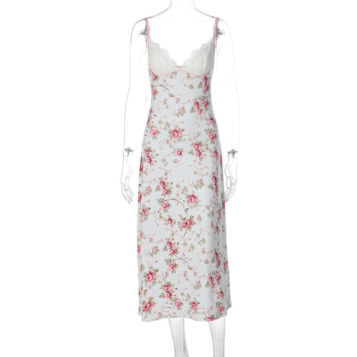 Comércio estrangeiro, nova moda transfronteiriça, europeia e americana, estampado floral, sexy com decote em V, renda, vestido longo e fresco