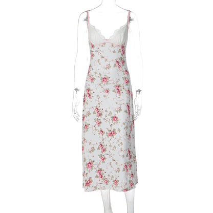 Comércio estrangeiro, nova moda transfronteiriça, europeia e americana, estampado floral, sexy com decote em V, renda, vestido longo e fresco