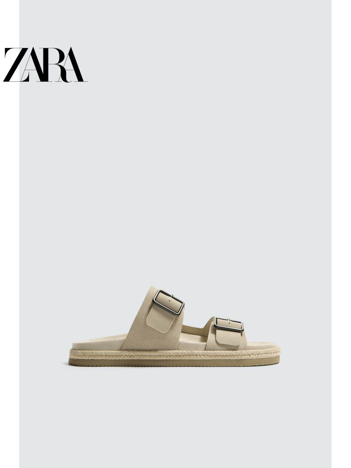 Sandálias de praia masculinas ZARA Primavera/Verão 2026 em couro com fecho de fivela dupla larga 2738720 131