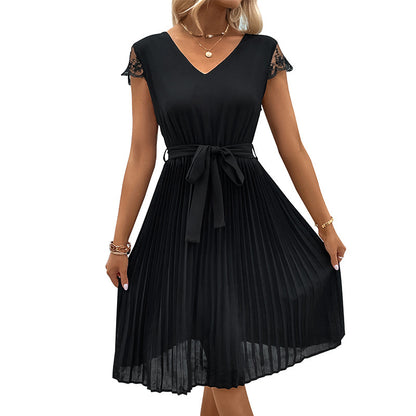 Amazon Vestido Feminino Transfronteiriço de Comércio Externo 2024 Novo Vestido Feminino Transfronteiriço Europeu e Americano em Retalhos de Cor Sólida Plissado