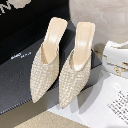 Verão 2025 Roupa Exterior Feminina de Bico Fechado e Meio Slip: Sandálias de Salto Alto Retro Stiletto, Sapatos de Bico Pontiagudo Estilo Fada