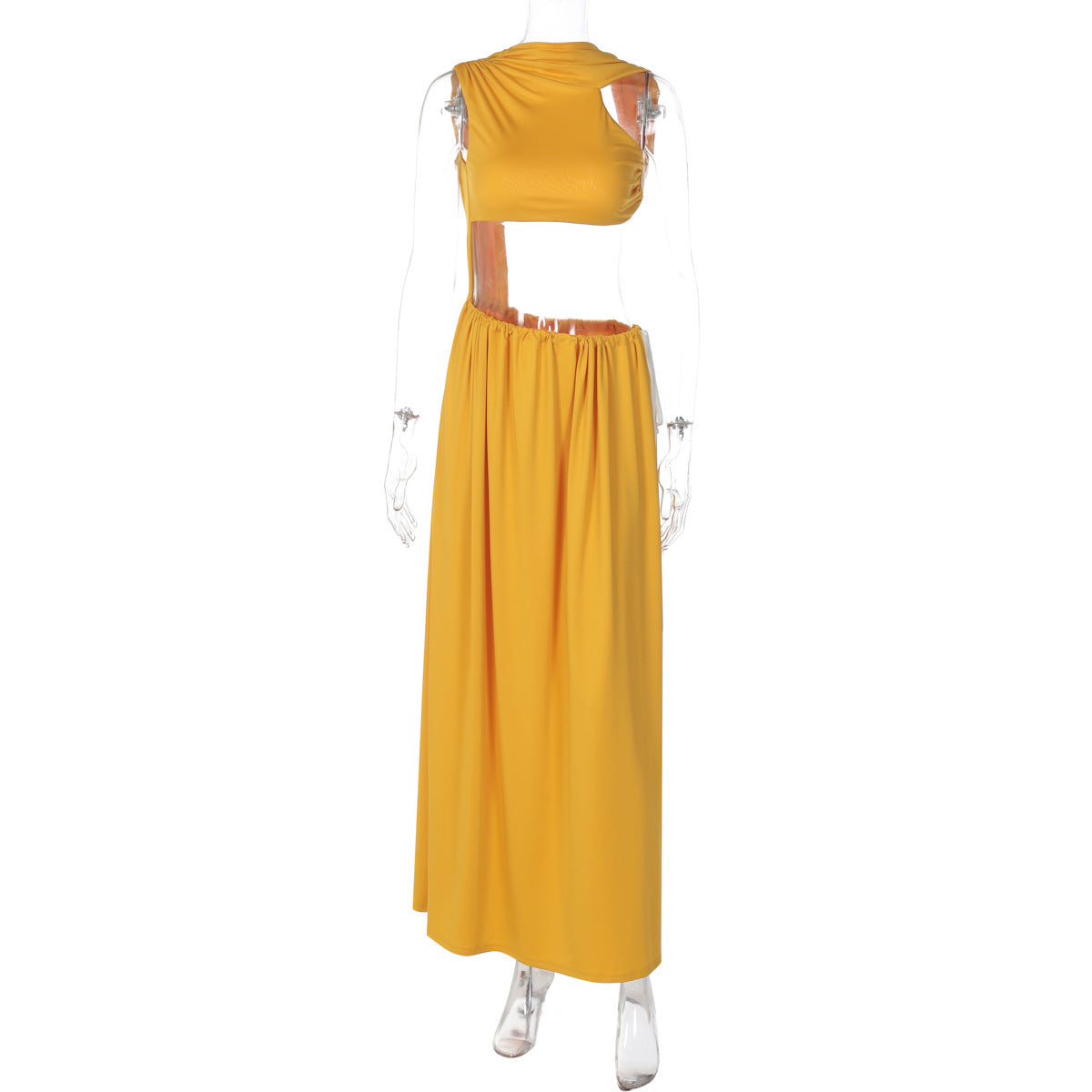 2026 Moda Mais Vendida na Europa e nos Estados Unidos Colete Oco de Cor Sólida Patchwork Cravata Lateral Curta Vestido Longo para Mulheres