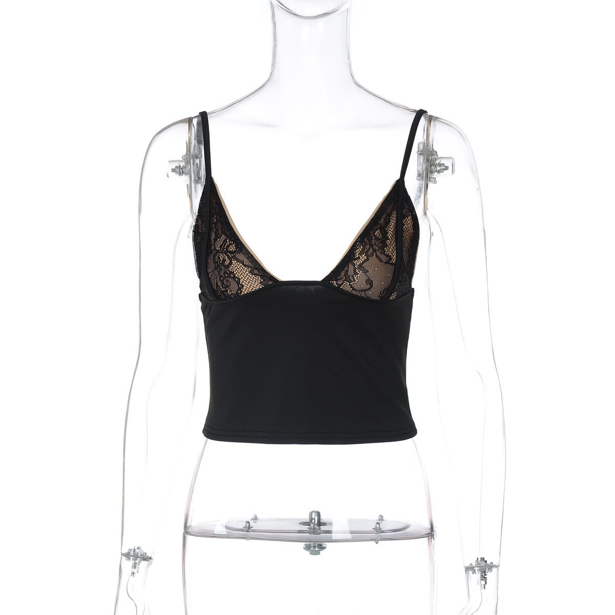 Camisolas de verão femininas europeias e americanas, top vendido de renda em V profundo com corte curto, corte justo, camada interior versátil estilo hot girl, camisola pequena com tira na cintura