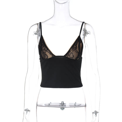 Camisolas de verão femininas europeias e americanas, top vendido de renda em V profundo com corte curto, corte justo, camada interior versátil estilo hot girl, camisola pequena com tira na cintura