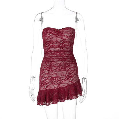 Vestido de rua, estilo street, atravessado transfronteiriço da Amazon, de renda, ajustado, ajustado e com folhos, com folhos e alças, dropshipping