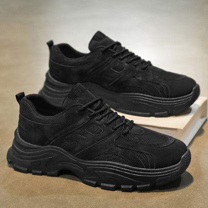 Sapatos masculinos de verão, novos sapatos de malha respiráveis, ténis pretos versáteis e de sola grossa, sapatos casuais da moda para pais