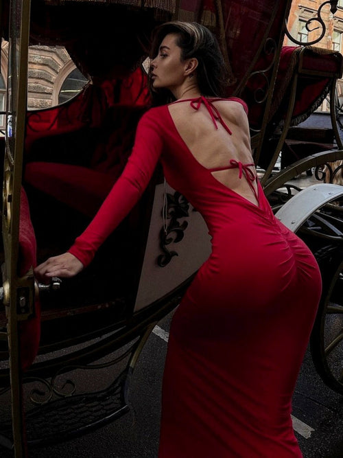 Vestido feminino sexy ao estilo europeu e americano, vestido oco, sem costas, gravata de retalhos, decote halter, corte justo, vestido justo ao estilo streetstyle para mulheres