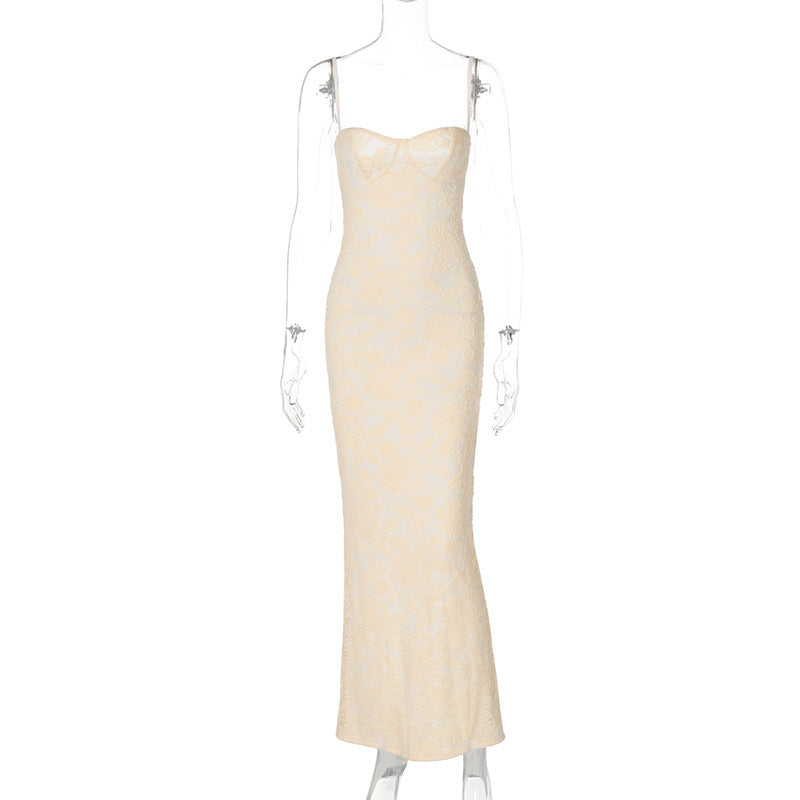 Moda feminina europeia e americana 2026, vestido sexy de renda em renda, com costas nuas, vestido slim slim slipwork para mulheres