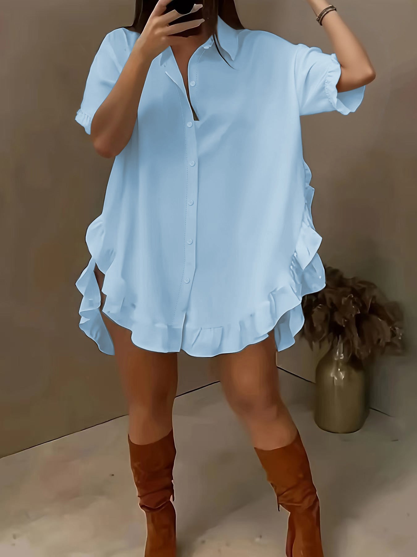 Roupa feminina O-size de manga curta para comércio estrangeiro transfronteiriço, folhos plissados soltos de cor sólida, camisa de bainha larga, camisa casual