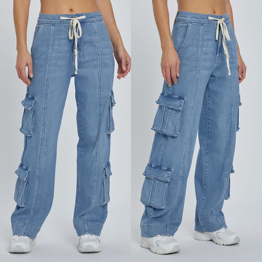 Amazon Independent Site 2025 Primavera Novas Calças de Trabalho Lavadas de Rua Jeans de Mulher com Múltiplos Bolsos de Perna Larga com Atacadores