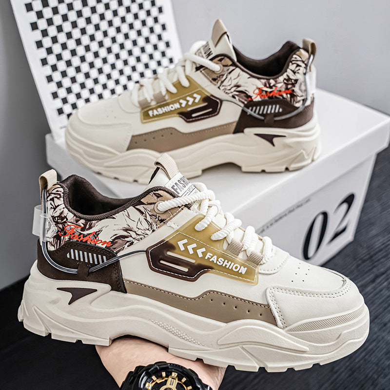 Sapatos masculinos na moda, novos ténis brancos de sola grossa para o outono de 2025 que aumentam a altura, sapatos desportivos desportivos casuais coreanos na moda