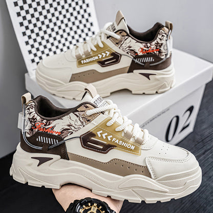 Sapatos masculinos na moda, novos ténis brancos de sola grossa para o outono de 2025 que aumentam a altura, sapatos desportivos desportivos casuais coreanos na moda
