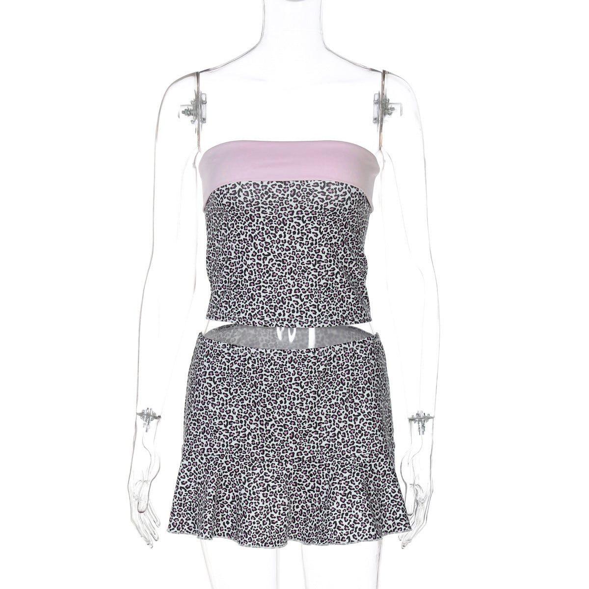 Popular no Instagram europeu e americano, novo estilo elegante de rapariga picante com estampa de leopardo, bodycon sem alças, conjunto de saia curta versátil para mulheres