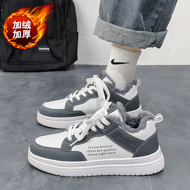 Ténis brancos de homem, sapatos casuais de algodão espessos forrados a polar de inverno 2024, sapatos desportivos quentes antiderrapantes