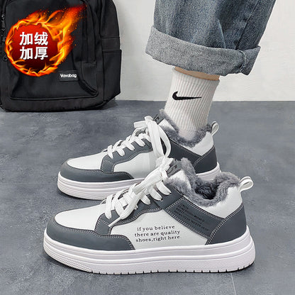 Ténis brancos de homem, sapatos casuais de algodão espessos forrados a polar de inverno 2024, sapatos desportivos quentes antiderrapantes