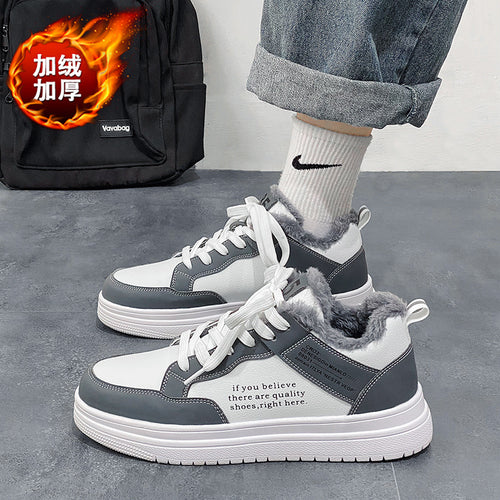 Ténis brancos de homem, sapatos casuais de algodão espessos forrados a polar de inverno 2024, sapatos desportivos quentes antiderrapantes