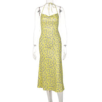 Roupa feminina ao estilo europeu e americano 2026 novo artigo quente de exportação, vestido slip floral sexy com fenda e vestido sem costas para mulheres