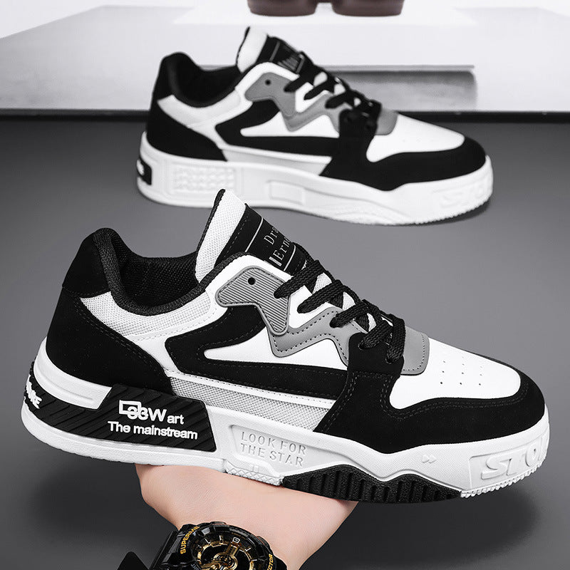 Sapatos Masculinos 2025 Novos Ténis Panda Primavera Respiráveis Pretos e Brancos Desportivos Casuais Masculinos Sola Grossa e Aumento de Altura Sapatilhas da Moda