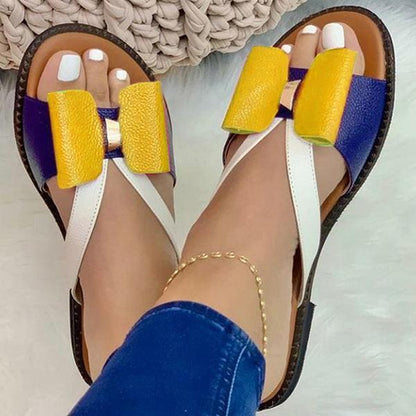Primavera/Verão 2025 Novas Sandálias de Mulher com laço de bloco de cor plano, sapatos femininos de exportação plus size, estilo europeu e americano